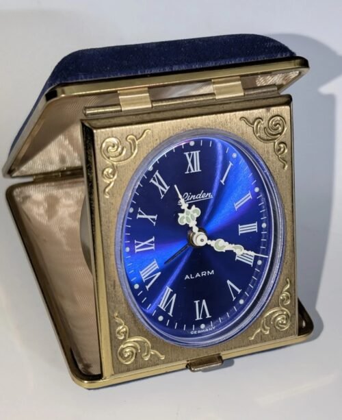 Vintage Linden Germany Wind Up Blue Velvet & Gold Travel Alarm Clock Glow WORKS