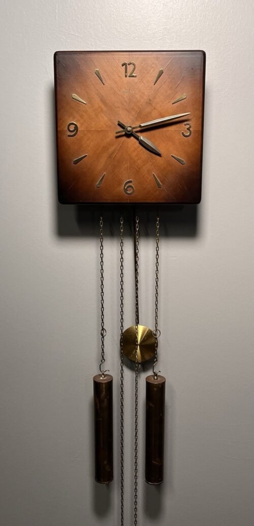 Vintage Linden MCM Modern Wood Square 8 Day Wall Clock with Weights and Pendulum