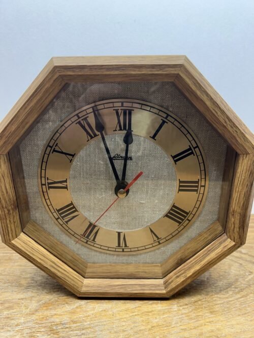 Vintage Linden Wooden Gold Tone Burlap Face Quartz Wall Clock Octagon 10" GUC!