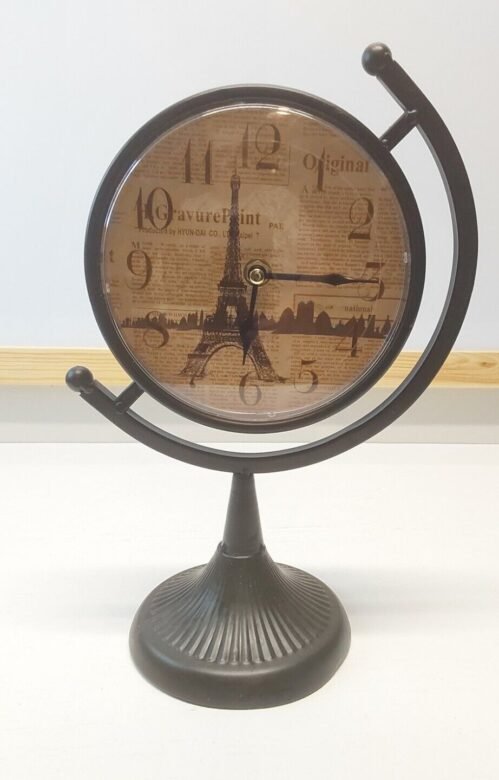 Vintage Look Eiffel Tower Paris France Motif 12" Tall Stand Clock Globe Style