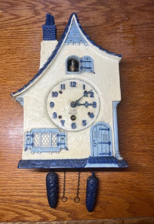 Vintage LUX Cottage Clock LARGE Size 10" blue white Dutch Novelty Wall