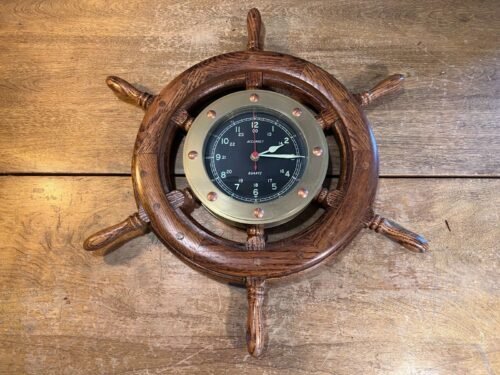Vintage Maritime Brass and Wood Wall Clock Ship Captains Steering Wheel