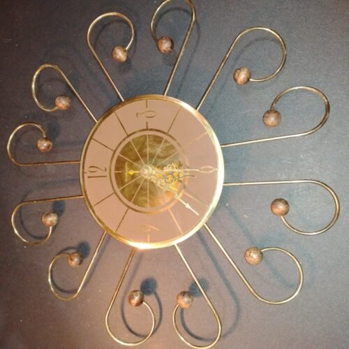 Vintage Mastercraft MCM Wall Clock. Gold Tone Metal And Wood. Unique. Works