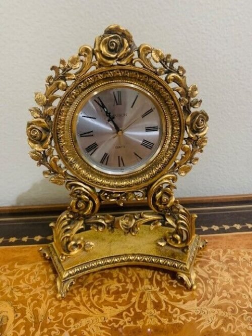 Vintage Matson K800 Rose Ormolu Gold Battery Powered Mantle Desk Clock Alarm