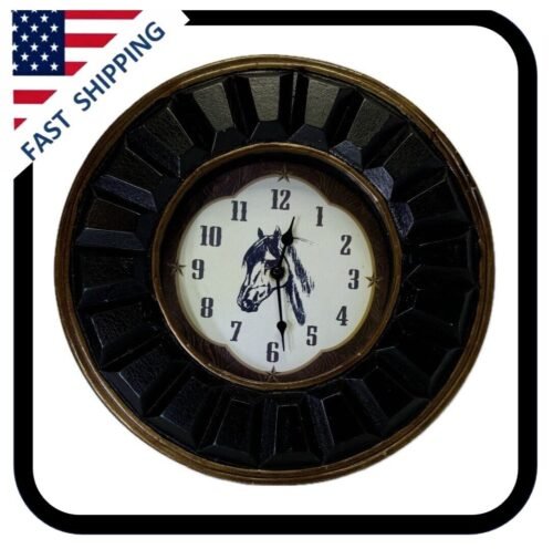 Vintage MCM Horse Themed Wall Clock Large 15 in. Man Cave Tack Shop Western