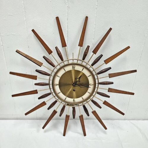 Vintage MCM Sunburst Starburst Key Wind-Up Wall Clock WORKS Brass& Wood