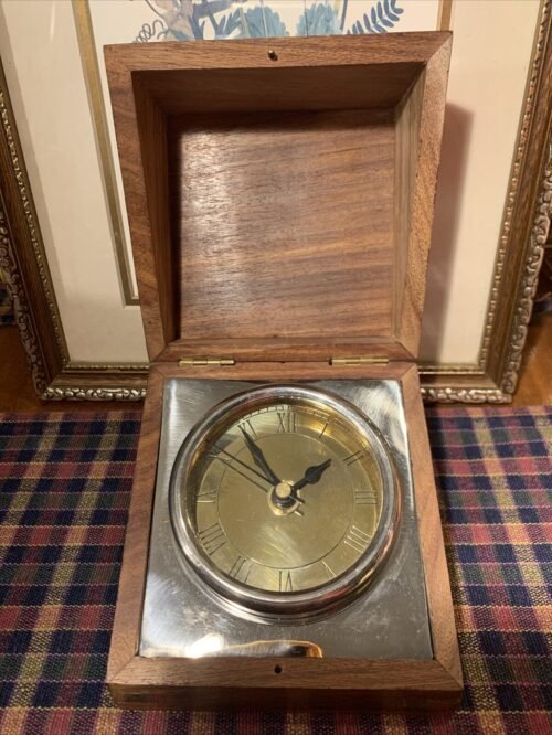 Vintage MCM Table Small Clock in Wood Brass Box
