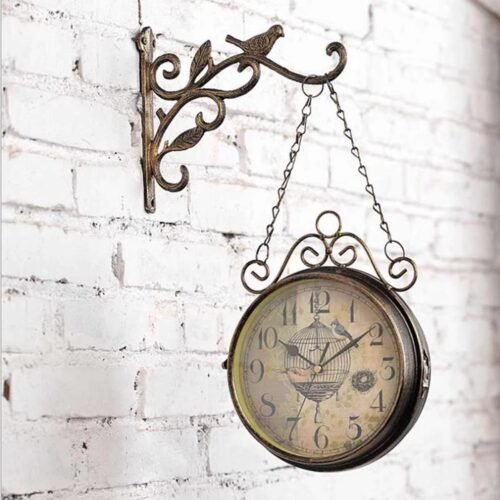 Vintage Metal Clock Double Sided Outdoor Garden Station Round Wall Mount Hanging