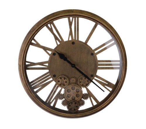 Vintage Metal Skeleton Wall Clock With Moving Gears and Roman Numerals