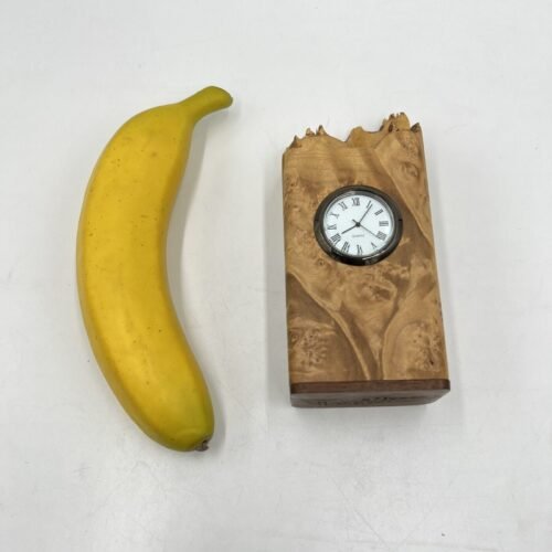 Vintage Michael Elkins Birds Eye Maple Burl Wood Desk Clock W/ Stamp Dispenser