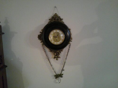 Vintage Mid-Century Brass Wall Hanging Clock with 5" Diameter Face- Works!