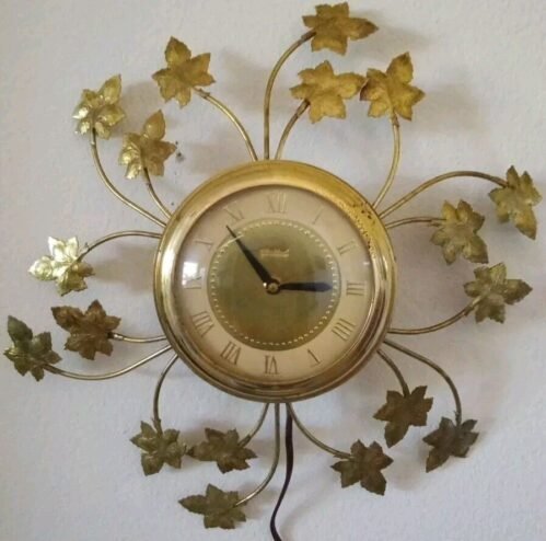 Vintage Mid Century 16" United Electric Maple Leaf Sunburst Wall Clock Works!