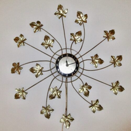 Vintage Mid Century Modern metal leaves wall clock MCM leaf starburst 25" works