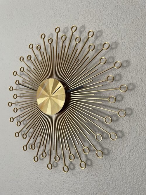 Vintage Mid Century Modern Sunburst Clock – Gold – Retro Starburst Style