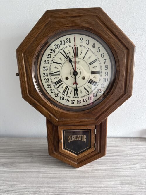 Vintage New England Clock Co 14 Day Walnut Calendar Regulator Wall Clock Works