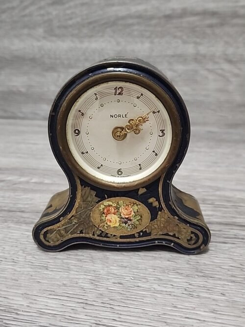 Vintage Norle German Made metal tin Desk Size Clock Plays "LA CUCARACHA"