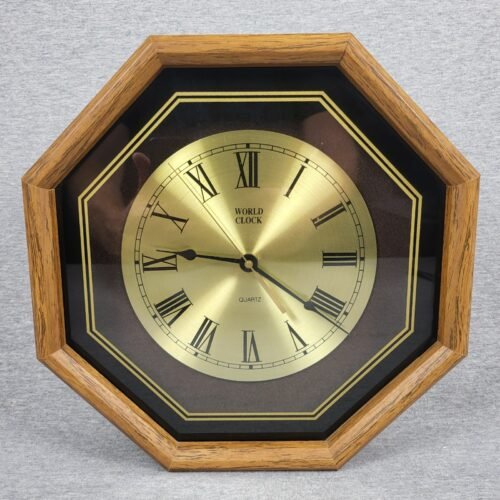 Vintage Octagon Wall Clock Roman Numerals – Brass Face & Wood Look Frame Quartz