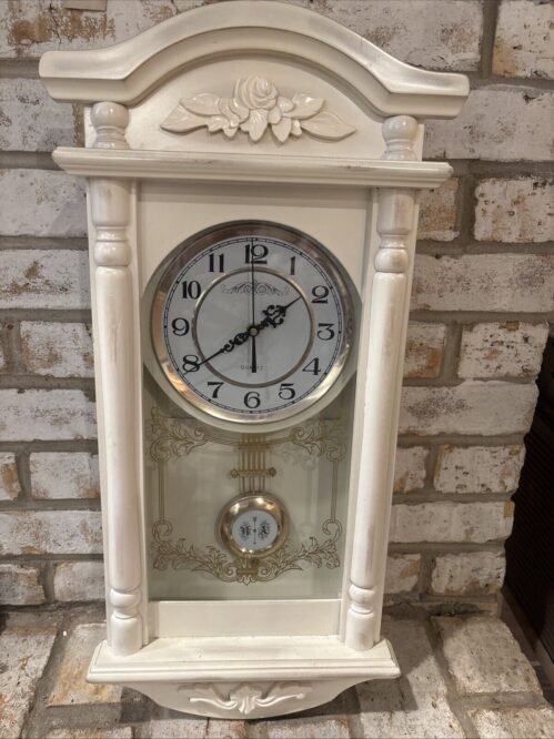 Vintage Off White Floral quartz pendulum wall clock Shabby Chic 24”H