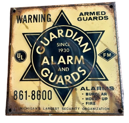 VINTAGE OHIO GUARDIANS ALARM & ARMED GUARDS COMPANY METAL 9.25"X9.25" SIGN