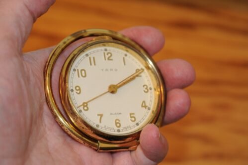 Vintage Original Yard 15 Jewel 8 Day Travel Alarm Clock Swiss Made Brass Case**