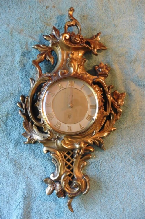 Vintage Ornate French Louis Rococo Style Gilt Brass Wall Mounted Cartel Clock