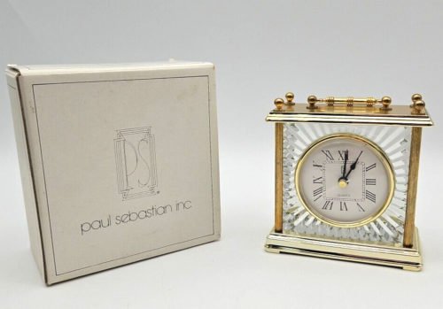 Vintage Paul Sebastian Carriage Mantel/Desk Clock Quartz Movement Brass & Glass