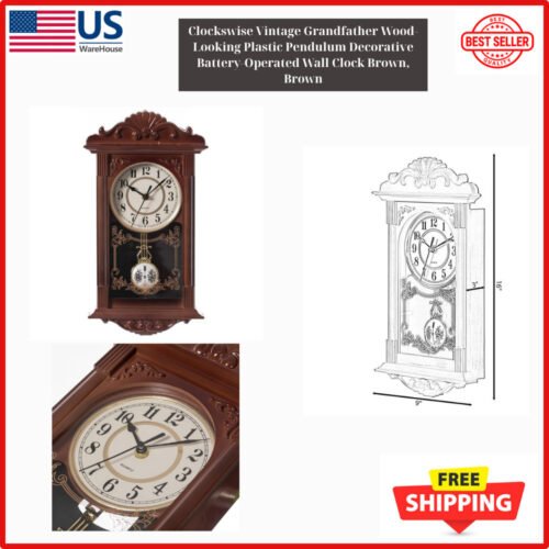 Vintage Pendulum Decorative Wall Clock Battery Operated Brown Office QI004145.BN