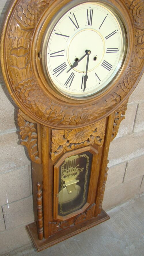 Vintage Pendulum Wall Clock 52 in Tall Grandfather Carved Wood Black Foresta