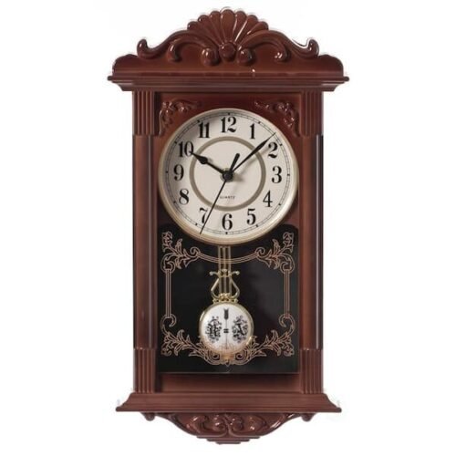 Vintage Pendulum Wall Clock, Battery-Operated, Brown