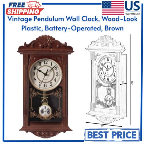 Vintage Pendulum Wall Clock, Wood-Look Plastic, Battery-Operated, Brown