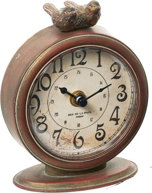 Vintage Pewter Mantel Clock with Birds, Distressed Brown