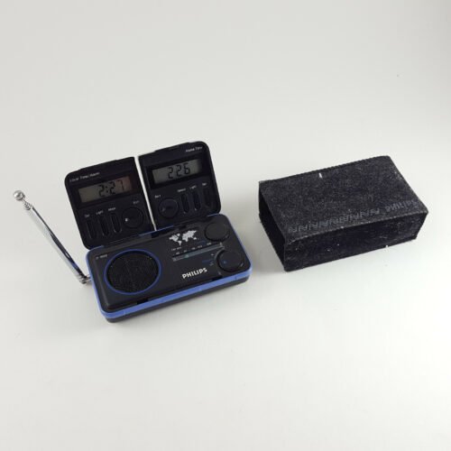 Vintage PHILIPS D1868 Travel Folding FM Radio Dual World Time Alarm Clock w/Case