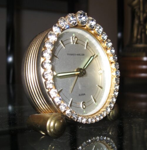 Vintage PHINNEY-WALKER GERMANY RHINESTONE JEWELED BOUDOIR ALARM CLOCK WORKS