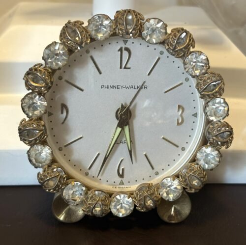 Vintage Phinney Walker Clear Gems Jewel Filigree Rhinestone Jeweled Alarm Clock