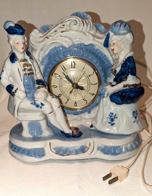 Vintage Porcelain Blue and White Victorian Man/Women Electr Mantel Clock