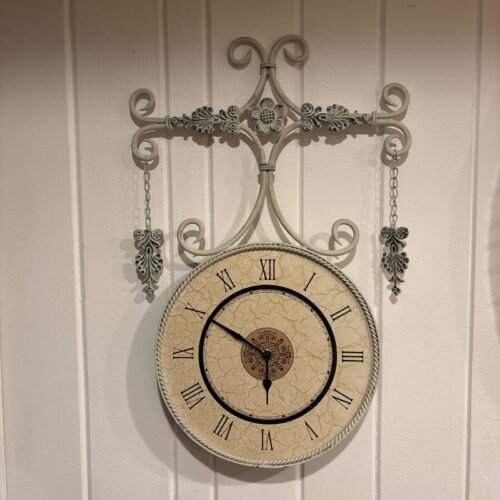 Vintage Quartz White Farmhouse Country Wrought iron wall clock 23”H
