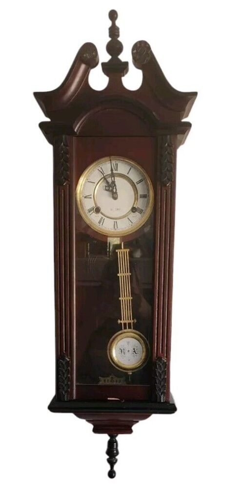 VINTAGE R=A 31-DAY WIND UP WALL CLOCK W/PENDULUM & KEY TESTED & WORKS CHIMES