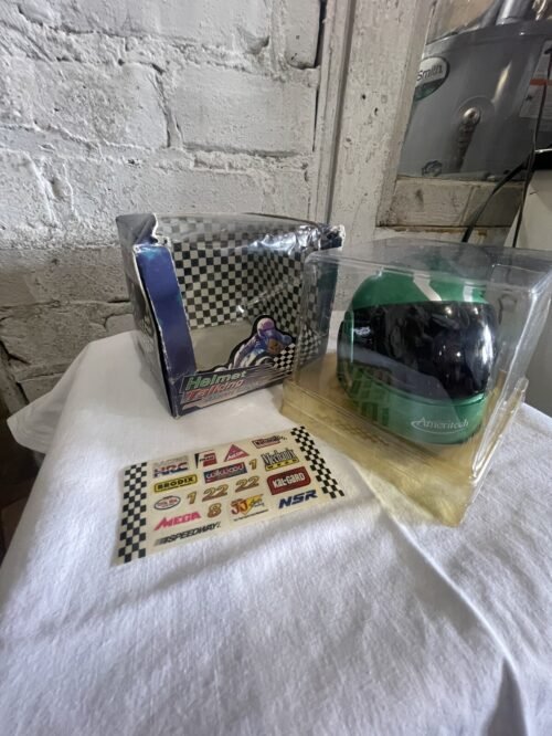 Vintage Racing Helmet Talking Bedside Alarm Clock - Race Car Driver Green Black