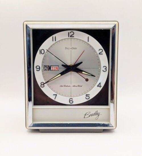 Vintage Rare Silver Bradley Auto Calendar Alarm Clock MCM Keeps Day/Date/Time