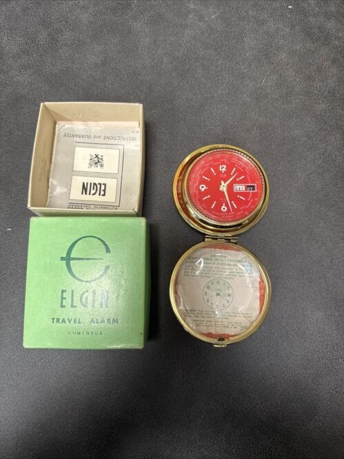 VINTAGE Red ELGIN WORLD CLOCK TRAVEL ALARM JAPAN WORKING Read.