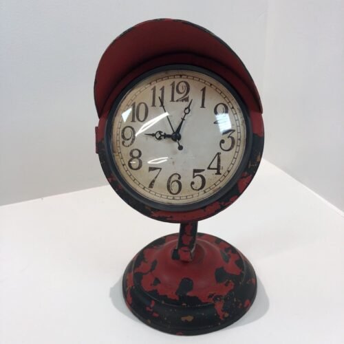 Vintage Red Metal Distressed Motorcycle Headlamp Desk Clock Works Great