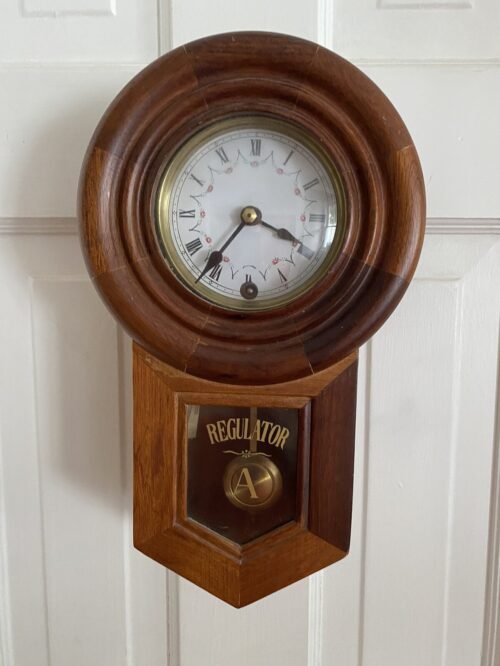 Vintage Regulator A small wood Wall Clock 12" - pendulum and key - works!