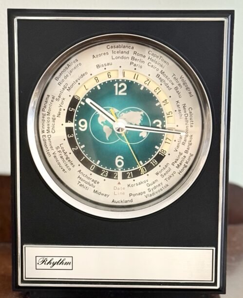 Vintage Retro Original “Rythym” World Clock Made in Japan. Wood Veneer Case