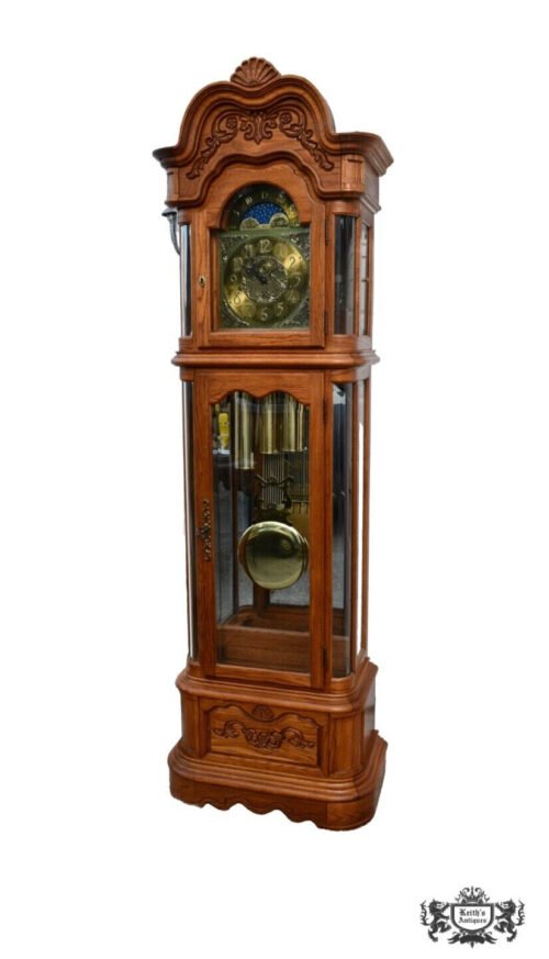 Vintage Ridgeway Carved Oak Grandfathers Clock w/Beveled & Rounded Glass