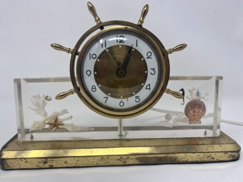 Vintage Salem Lucite Mantel Clock Ships Wheel Encased Shells Sea Horse MCM