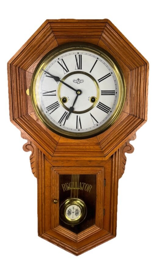 Vintage Schoolhouse Regulator Wall Clock with pendulum And Key Fully Serviced