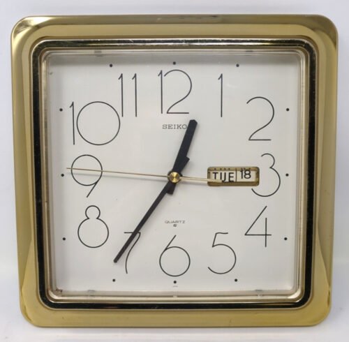 Vintage Seiko Day Date battery Wall Clock 1980's Working Gold JAPAN Retro...