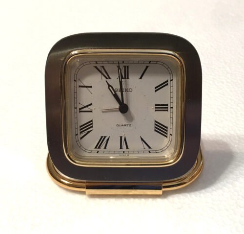 Vintage Seiko Quartz Travel Alarm Clock Gold Silver Tone 2¾" Folding Bag Battery