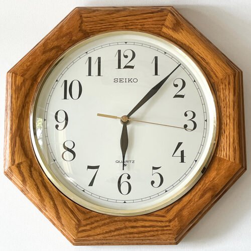 Vintage Seiko Quartz Wall Clock Octagonal Wood Frame Gold Rim White Dial