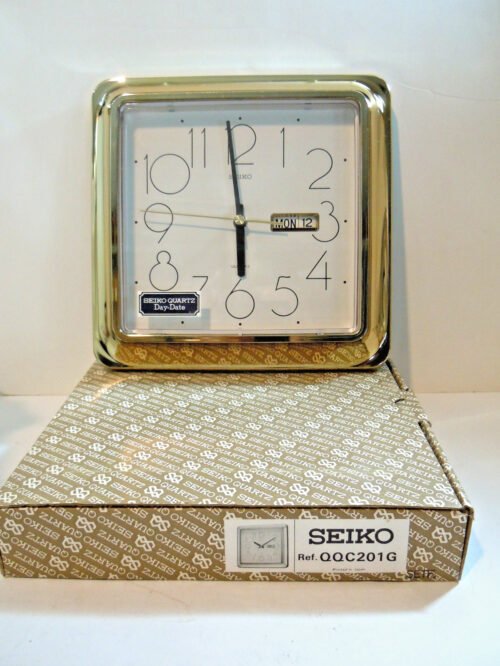 Vintage SEIKO Quartz Wall Clock #QQC201 Works 9.5โ Square Gold Day/Date 80s
